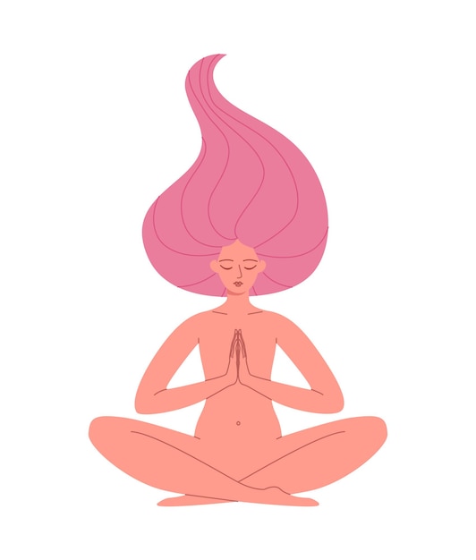 The woman is sitting in the lotus position hands are connected The woman is meditating