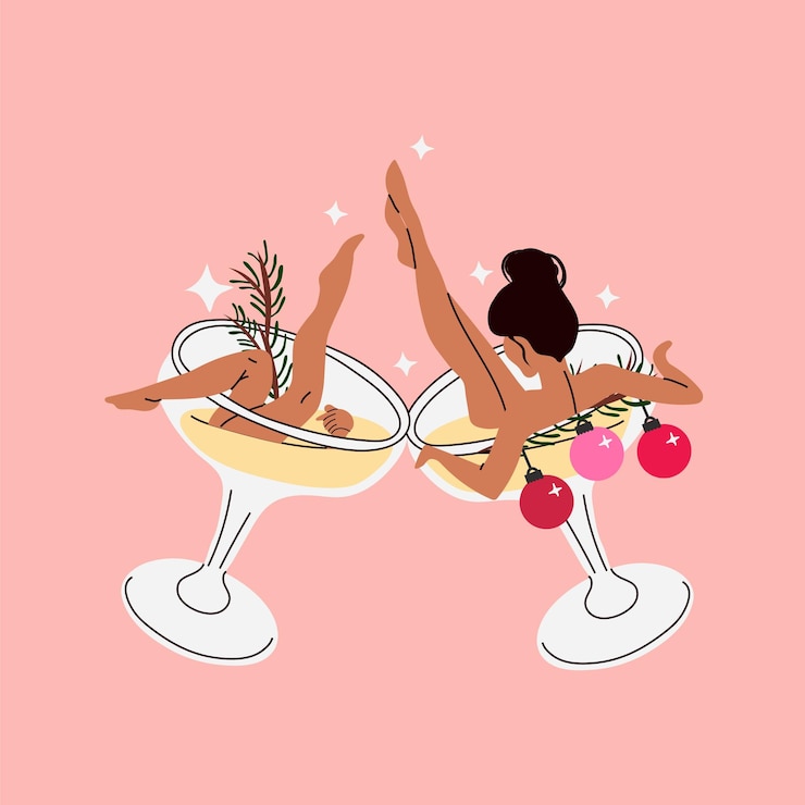 Vector a woman is sitting in a martini glass happy new years