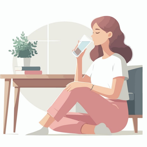 Vector a woman is sitting at a table and drinking a glass of milk