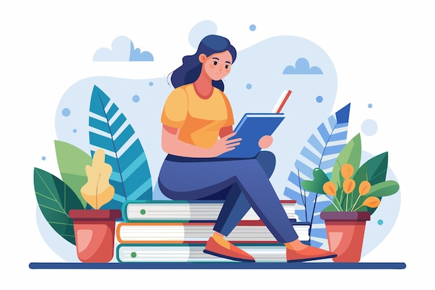 Vector a woman is sitting on a tall stack of books while seemingly engrossed in her homework woman doing homework sitting on a stack of books simple and minimalist flat vector illustration