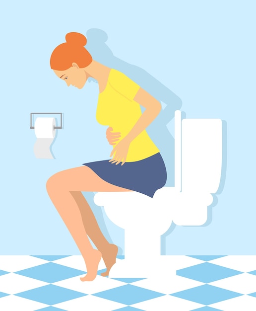 Woman is sitting on the toilet urinary bladder problem or sickness concept stomachache woman