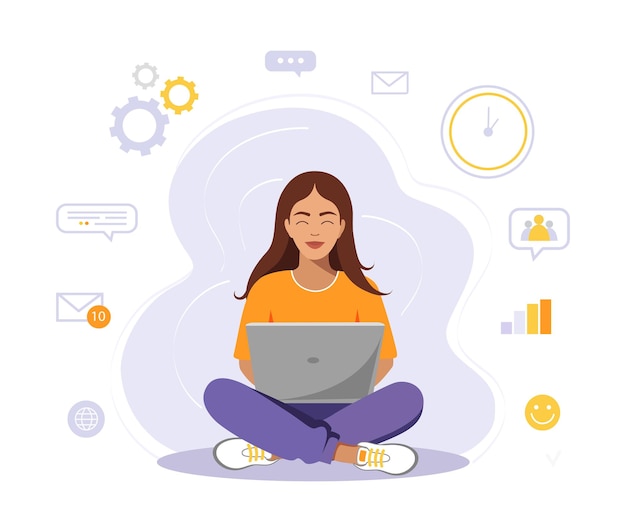Vector woman is sitting with laptop. concept illustration for working, freelancing, studying, education, wo