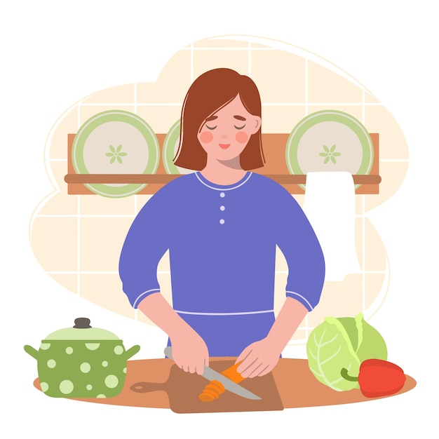 Vector woman is slicing fresh vegetables for soup. on the table, cabbage and pepper.	
vector