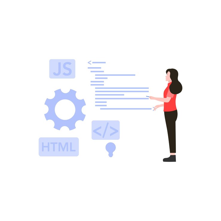 Vector a woman is standing in front of a diagram that says javascript.