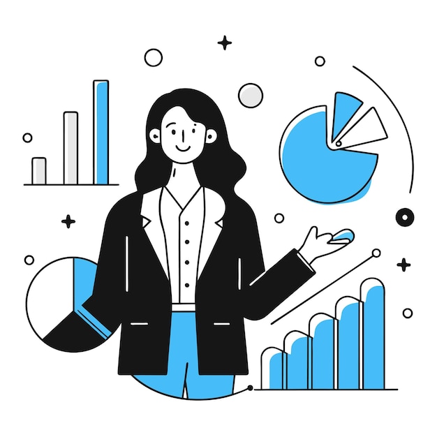 a woman is standing in front of a graph business illustration