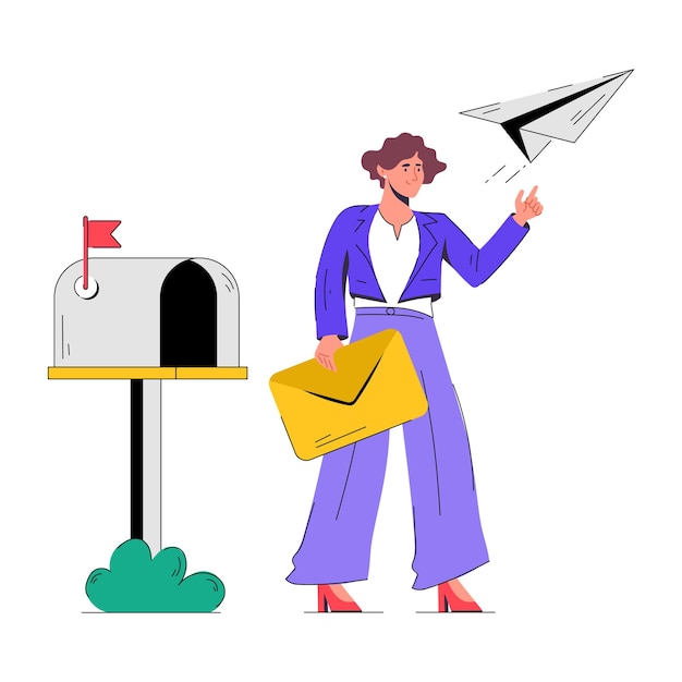 Vector a woman is standing next to a mailbox and a paper plane is next to it.