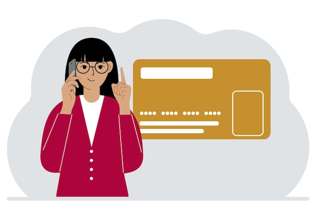 The woman is talking on the phone Nearby is a large plastic card Vector flat illustration