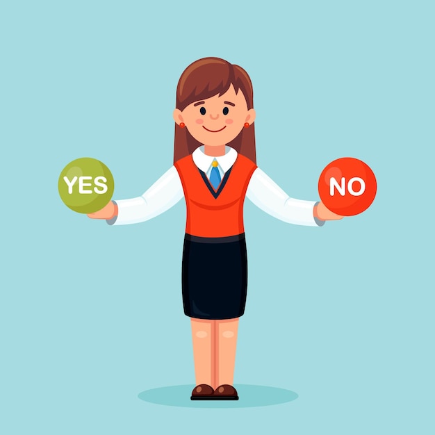 Vector woman is thinking about problem, making decision, choose between yes or no. person confused by hard choice