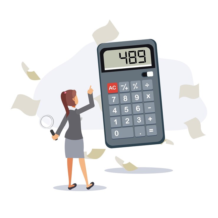 Vector woman is using calculator,she is holding magnifying glass in hand surrounding by papers.flat vector cartoon character illustrations.