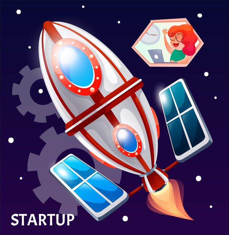 Vector woman is using laptop to control rocket in space