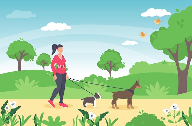 Vettore la donna sta camminando con un cane. illustrazione in stile piatto ragazza che cammina cane nel parco di primavera. paesaggio della natura del tempo di primavera. carattere di prato estivo con animali domestici. amicizia del cane della donna.