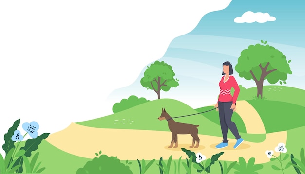 Vector woman is walking with a dog.