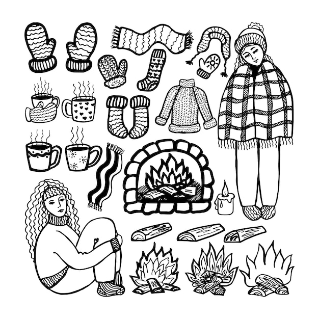 A woman is warming herself from the cold, a set of black and white drawings in the style of doodle.