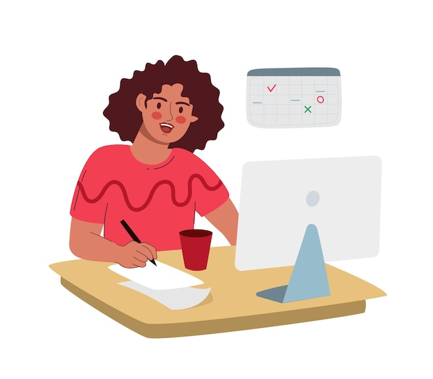 A woman is working at a computer Work in the office and at a distance Vector illustration is flat