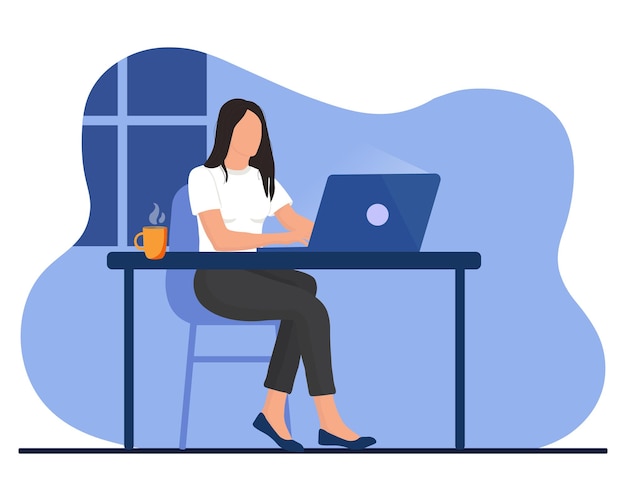 Vector woman is working at the desktop with a laptop freelance online education web surfing or office worker vector illustration in cartoon style