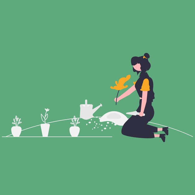 Vector a woman is working in a garden with a plant in her hand.