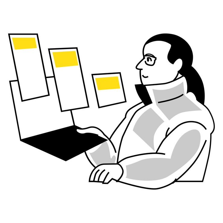 Vector woman is working on laptop with document illustration