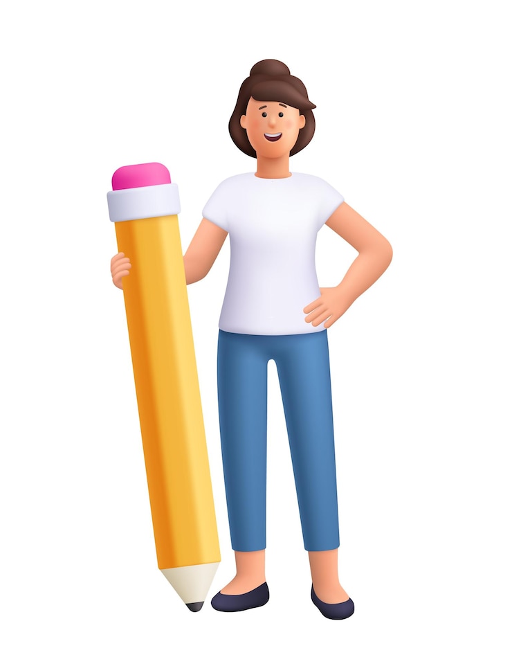 Vector woman jane stands and holds big yellow pencil copywriting creativity 3d vector people character