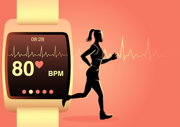 Vector woman jogging with smart watch