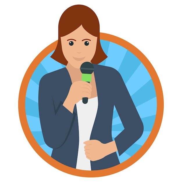 woman journalist Concept News Reporter Holding Mic wearing Coat Vector Round Icon Design Profession