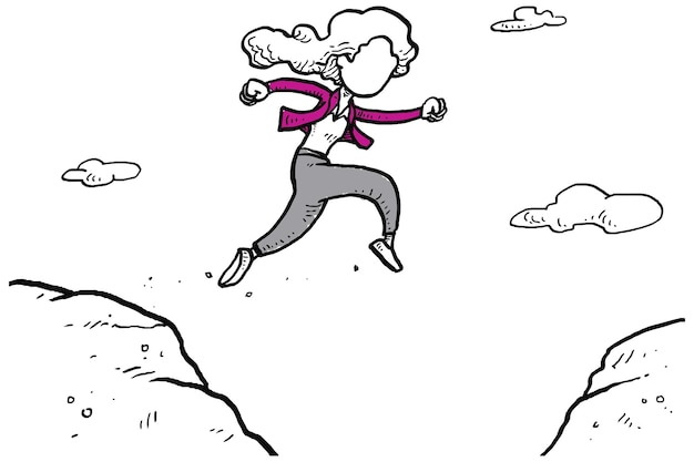 Woman jump through the gap between hill jump over cliff Hand drawn vector illustration design