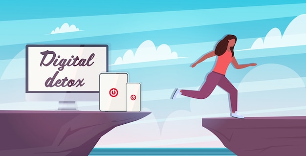 Woman jumping over cliff abyss running away from gadgets digital detox concept