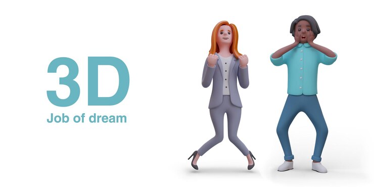 Vector woman jumping and enjoying success at work 3d realistic model of male employee happy to be hired