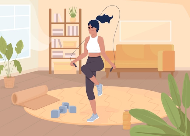 Woman jumping on rope flat color vector illustration