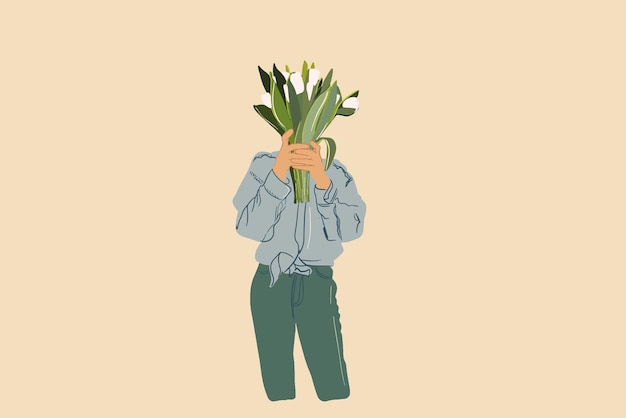 Vector woman keeping a bouquet of white tulips instead her head vector illustration in flat style and pastel tones spring and woman day concept