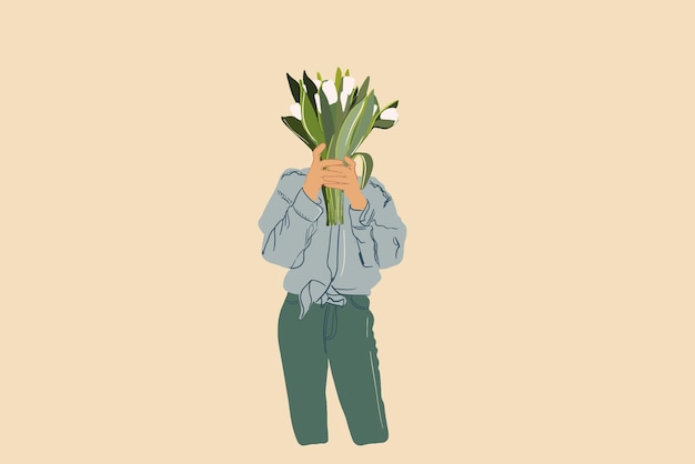 Woman keeping a bouquet of white tulips instead her head vector illustration in flat style and pastel tones spring and woman day concept