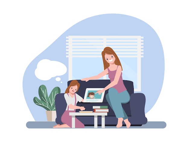 Vector woman keeping children learning while at home