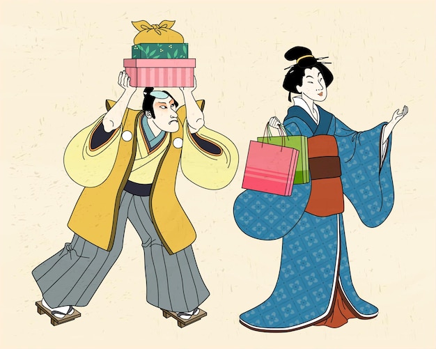 Woman in kimono shopping with her servant, ukiyo-e style