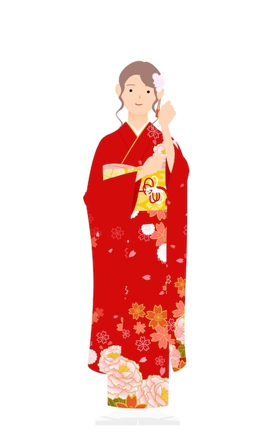 Vettore una donna in kimono che indossa un kimono furisode a maniche lunghe fai una pausa per sistemarti i capelli