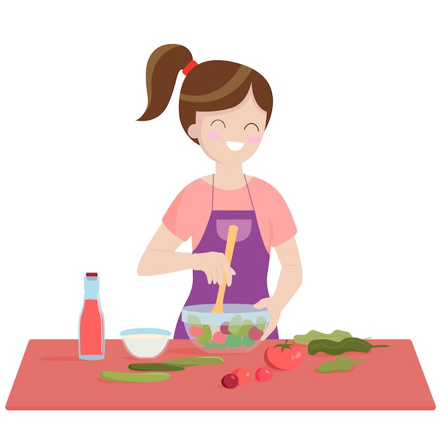 Vector woman in kitchen cooking person cooking healthy food stock vector cartoon illustration