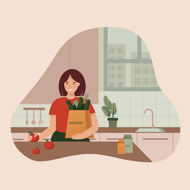 Woman in the kitchen with food. Useful products for health and well-being. Greens, fruits, apples.