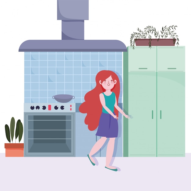 Woman in the kitchen with stove, cooker and saucepan