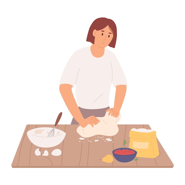 Vector woman kneading the dough on table