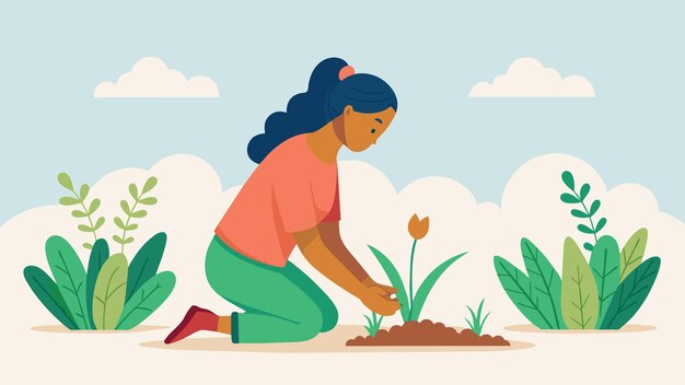 A woman kneels in the soil feeling the cool and grounding sensation on her skin as she plants rows