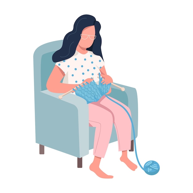 안락의자 세미 플랫 컬러 벡터 캐릭터에서 뜨개질을 하는 여성 감정적 웰빙 향상 전신 흰색 바탕에 사람 웹 그래픽 디자인 및 애니메이션을 위한 간단한 만화 스타일 그림