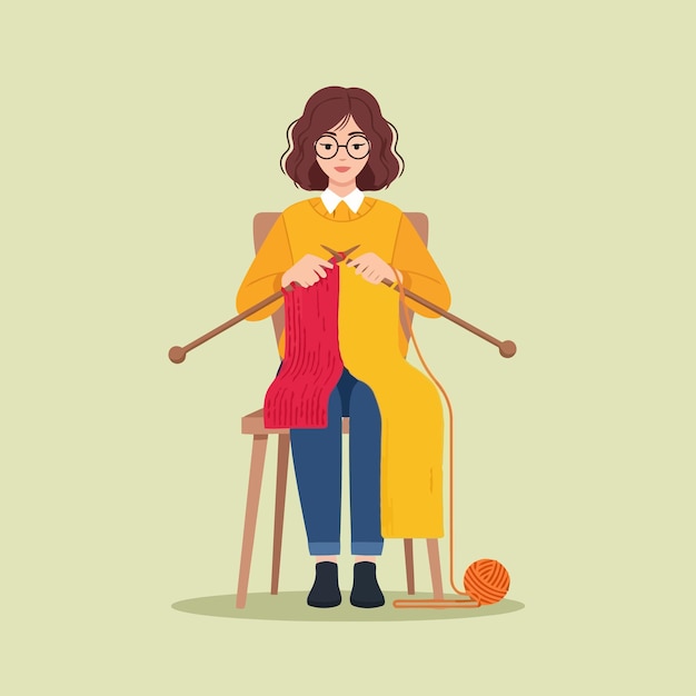 Woman Knitting Colorful Scarf at Home Sitting on Wooden Chair