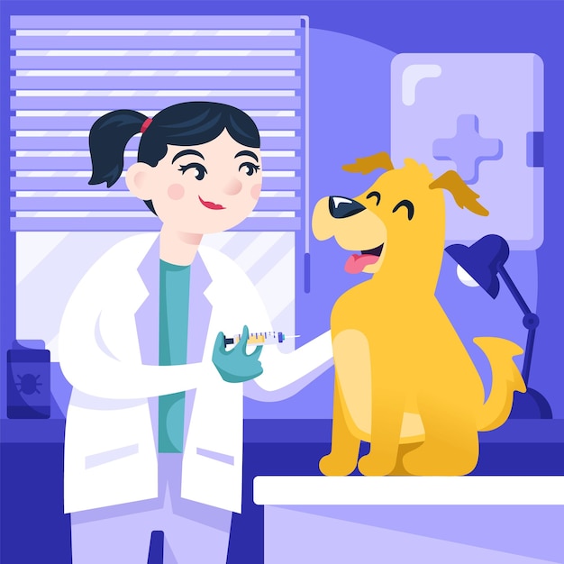 Vector a woman in a lab coat is giving a pill to a dog