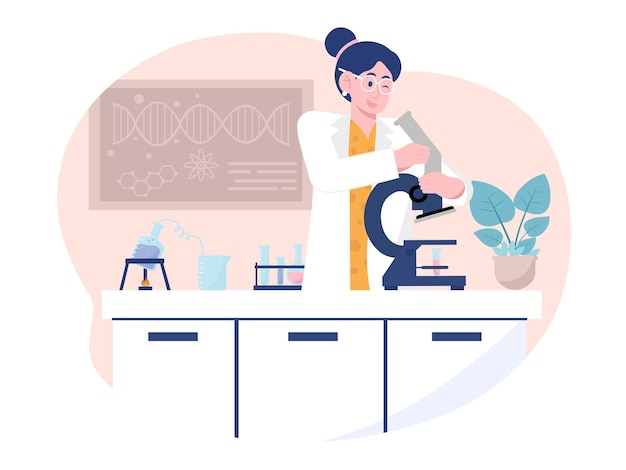 Vector a woman in a lab coat is working with a microscope illustration