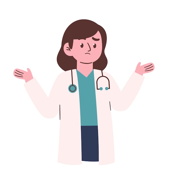 A woman in a lab coat with a stethoscope on her neck stands with her arms raised and her hands are raised.