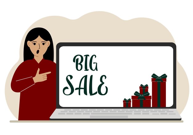 Vector a woman next to a large laptop on his screen the text of big sales and a lot of gift boxes