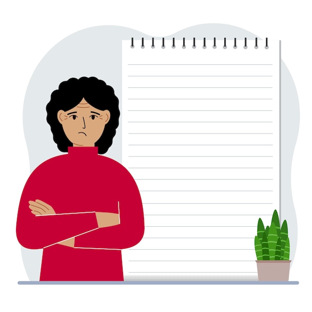 Vector a woman next to a large notepad or large notebook the concept of filling a notebook or notepad writing notes time management planning