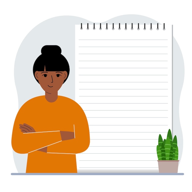 Vector a woman next to a large notepad or large notebook the concept of filling a notebook or notepad writing notes time management planning