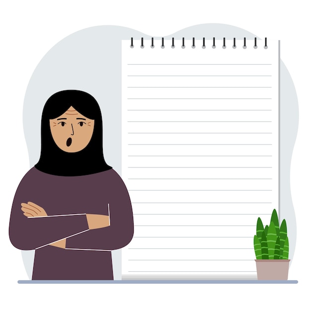 A woman next to a large notepad or large notebook The concept of filling a notebook or notepad writing notes time management planning