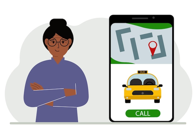 A woman next to a large smartphone on the screen which has a taxi and geolocation The concept of a mobile taxi application or ordering a taxi online