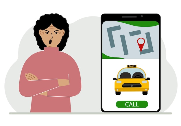 Vector a woman next to a large smartphone on the screen which has a taxi and geolocation the concept of a mobile taxi application or ordering a taxi online