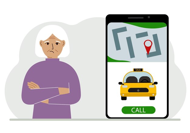 Vector a woman next to a large smartphone on the screen which has a taxi and geolocation the concept of a mobile taxi application or ordering a taxi online